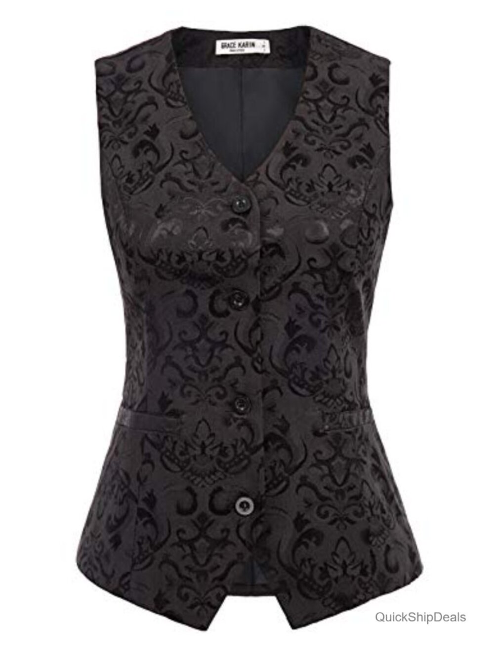 Womens Waistcoat Vest Vintage Steampunk Jacquard Button Up Slim Fit